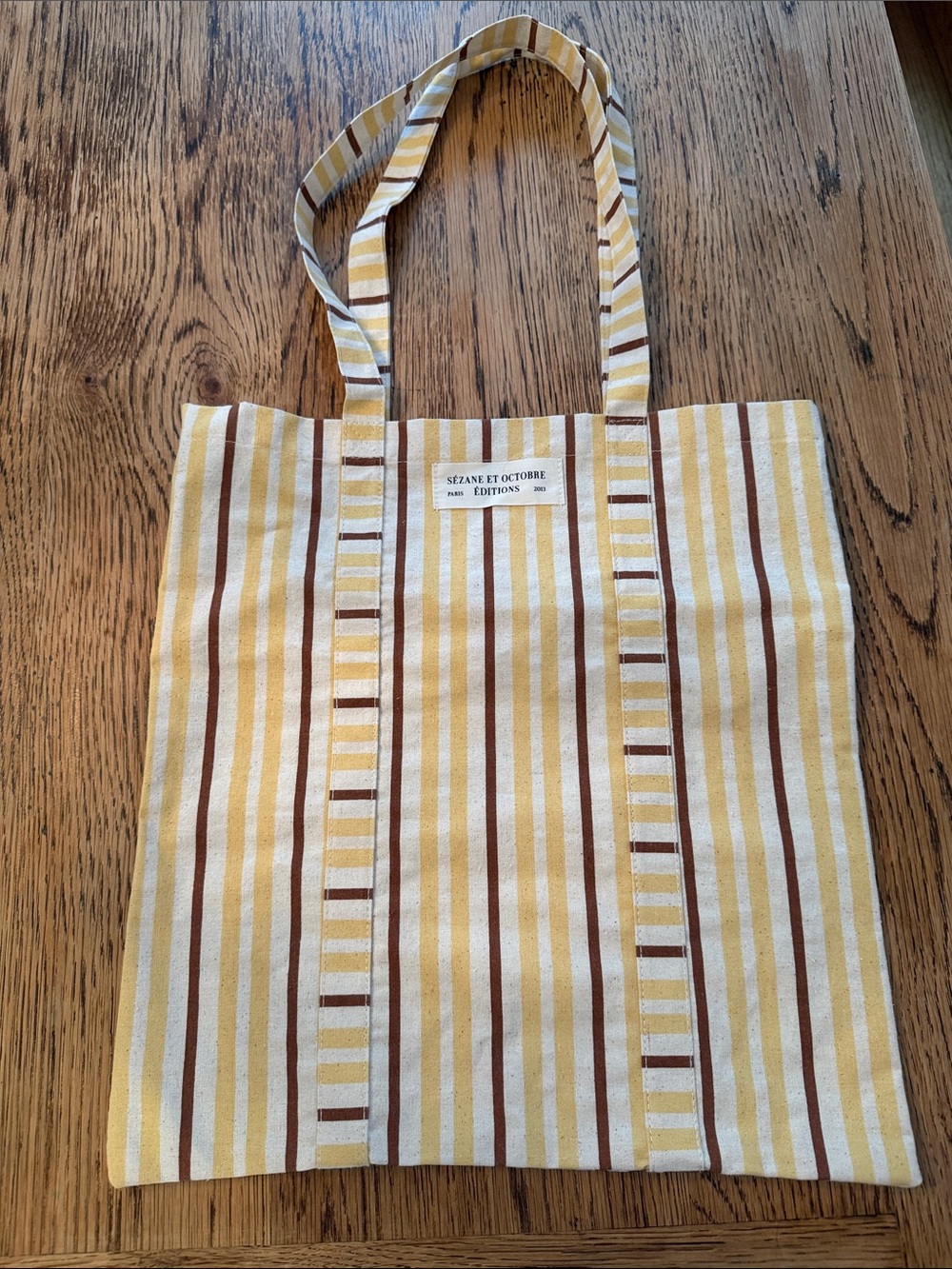 Sezane Yellow White Brown Striped Canvas Tote